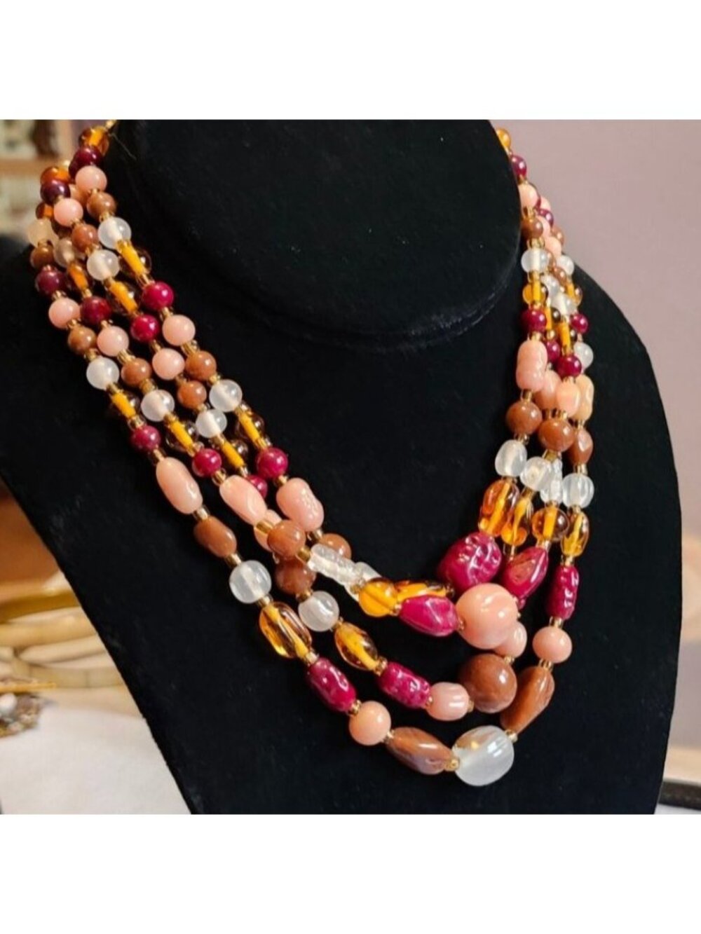 Vintage Multi-Strand Amber Burgundy Cream Beaded Necklace Statement Jewelry - Picture 5 of 9